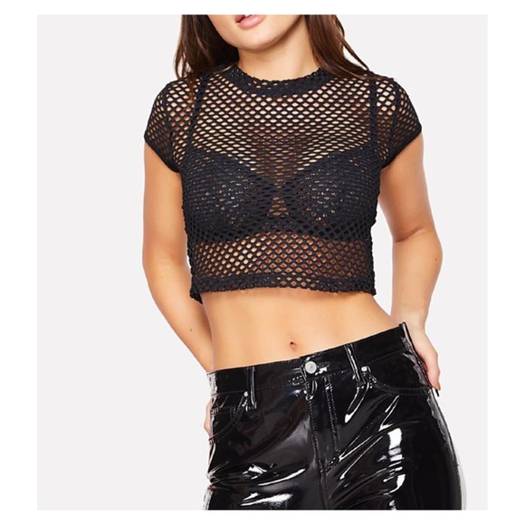 Black Short Sleeve Eyelet Mesh Crop Top - Picture 1 of 4
